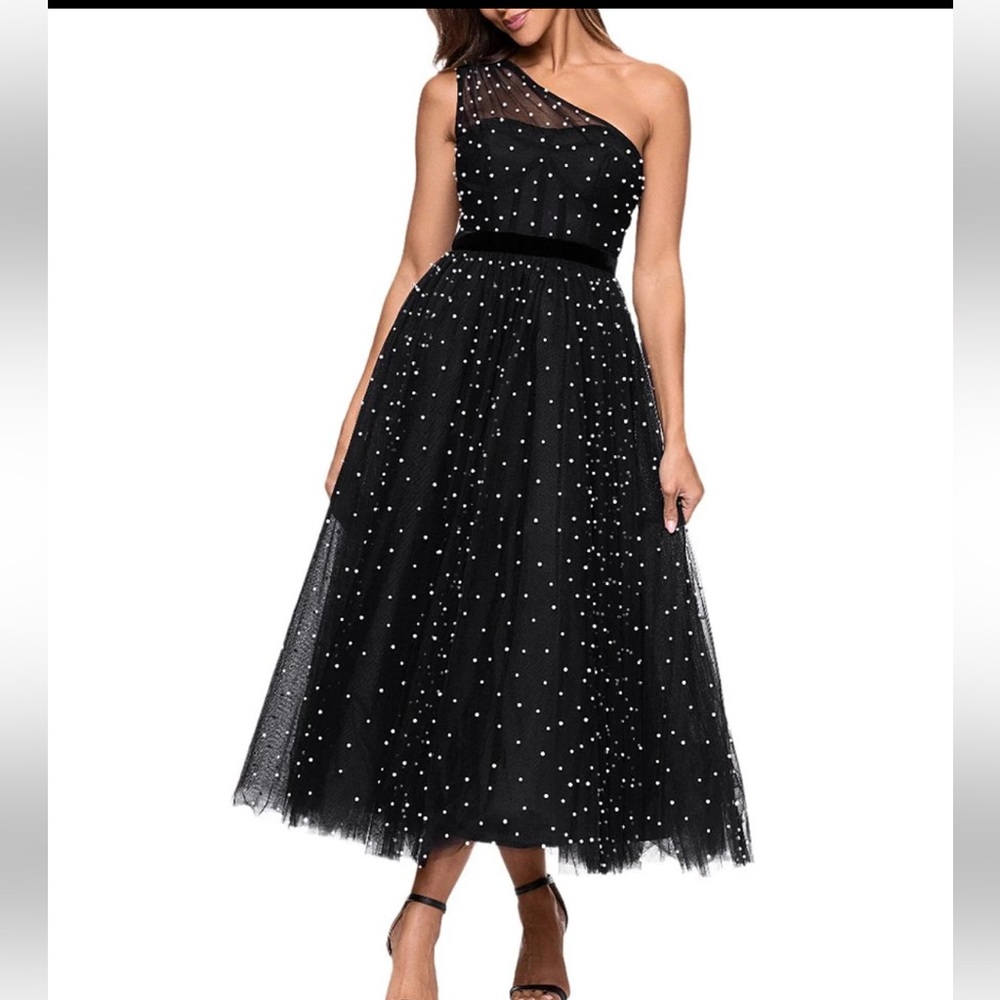 Betsy & Adam Black One-Shoulder Tulle Midi Dress with Pearl Embellishments